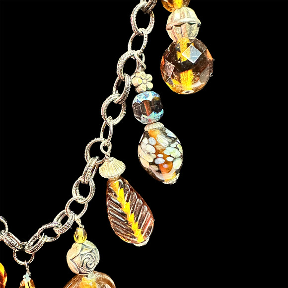 Neat Amber Glass Charm Necklace See each set of Beads...Unusual Chain, too. - Picture 2 of 5